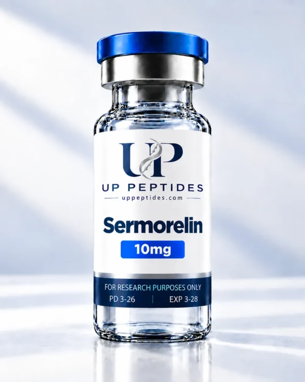 Sermorelin Peptide Vial in Blue Lab Light