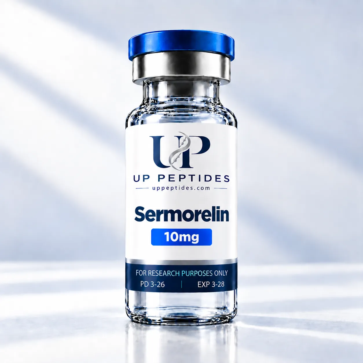 Sermorelin Peptide Vial in Blue Lab Light